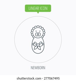 Newborn baby icon. Toddler with bow sign. Child wrapped in blanket symbol. Linear outline circle button. Vector