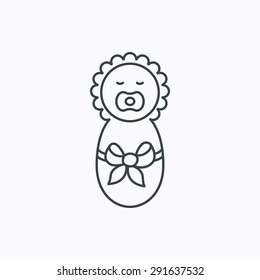 Newborn baby icon. Toddler with bow sign. Child wrapped in blanket symbol. Linear outline icon on white background. Vector