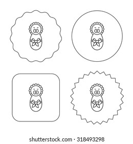 Newborn baby icon. Toddler with bow sign. Child wrapped in blanket symbol. Flat circle, star and emblem buttons. Labels design. Vector