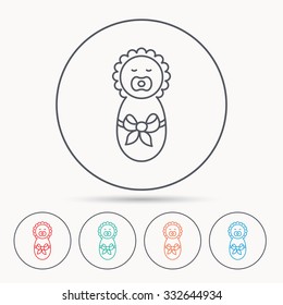 Newborn baby icon. Toddler with bow sign. Child wrapped in blanket symbol. Linear circle icons.