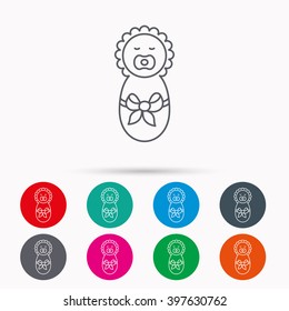 Newborn baby icon. Toddler with bow sign. Child wrapped in blanket symbol. Linear icons in circles on white background.