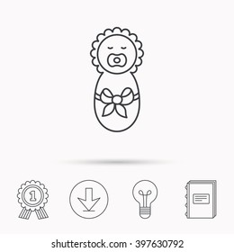 Newborn baby icon. Toddler with bow sign. Child wrapped in blanket symbol. Download arrow, lamp, learn book and award medal icons.