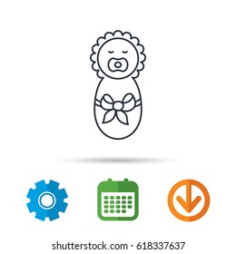 Newborn baby icon. Toddler with bow sign. Child wrapped in blanket symbol. Calendar, cogwheel and download arrow signs. Colored flat web icons. Vector