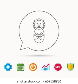Newborn baby icon. Toddler with bow sign. Child wrapped in blanket symbol. Calendar, Graph chart and Cogwheel signs. Download and Shield web icons. Vector