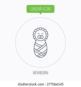 Newborn baby icon. Toddler sign. Child wrapped in blanket symbol. Linear outline circle button. Vector