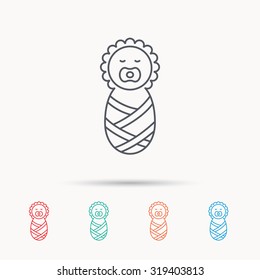 Newborn baby icon. Toddler sign. Child wrapped in blanket symbol. Linear icons on white background. Vector