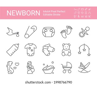 Newborn baby icons. Editable vector stroke. 64x64 Pixel Perfect.