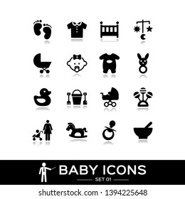 Newborn and baby icons set. Icon of baby shower, toys, ballon, food, baby girl and boy, accessories child. Pictograms vector illustration. 
