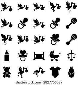 Newborn baby and infancy icon set with pacifier clothing parenting childhood equipment accessories development essential illustration collection