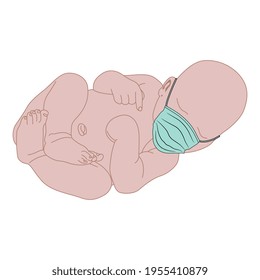 
Newborn baby infant wearing disposal medical facial mask. Creative concept. Virus protection and social distancing.