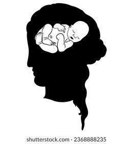 Newborn baby inside female head. Creative concept. Pregnancy and motherhood. Black and white silhouette.