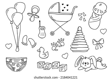 Newborn Baby Items. Set Of Baby Care Accessories, Toys, Baby Clothes. Doodle Vector Isolated On White Background.