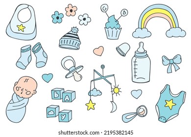 Newborn Baby Items. Set Of Baby Care Accessories, Toys, Baby Clothes. Doodle Vector Isolated On White Background