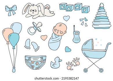 Newborn baby items. Set of baby care accessories, toys, baby clothes. Doodle vector isolated on white background.