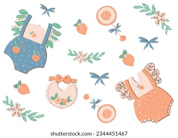 Newborn baby items set with cartoon elements . bodysuit with decorative floral embellishments, rattle, bib, lemon, leaves, bow and other decor isolated stickers. Vector illustration