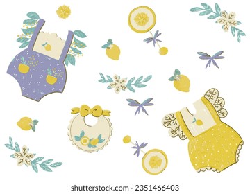 Newborn baby items set with cartoon elements . bodysuit with decorative floral embellishments, rattle, bib, lemon, leaves, bow and other decor isolated stickers. Vector illustration