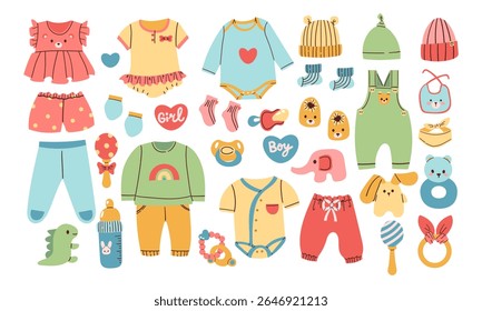Artigos de bebê recém-nascido definidos com elementos de desenho animado em design plano. Pacote de brinquedos infantis, bodysuit, ursinho de pelúcia, chupeta, unicórnio, chocalho, fralda, botas e outros adesivos de decoração isolados. Vetor