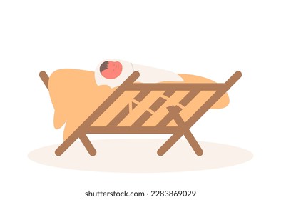 Newborn Baby Jesus Sleeping In Manger with Hay Isolated on White Background. Religious Significance Of Nativity Scene