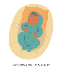 Newborn baby kid sleeping in comfortable bed with pillow happy childhood vector illustration. Adorable infant child napping resting in cradle feeling calm and tranquil. Babysitting and motherhood