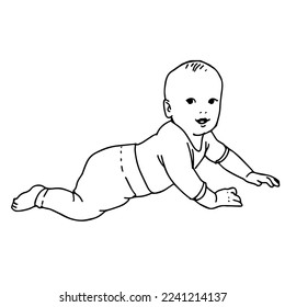 Newborn baby learns to crawl. Cheerful little kid smiling, hand drawn vector outline on a white background. Graphic sketch, design for poster, card, coloring book page.