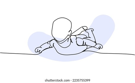 Newborn baby lies on his stomach one line art with colorful elements. Continuous line drawing of child, childhood, newborn, new life, son, daughter, motherhood, baby, crawl.