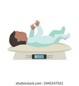 A newborn baby lies on the scales. Pediatrics. Monitoring the child's development. Vector illustration in flat style on a white background.