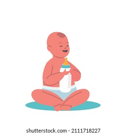 Newborn Baby Little Boy or Girl in Diapers Sitting on Floor Isolated on White Background. Cute Child Character Eating, Drink Milk from Bottle., Toddler Infant Feed. Cartoon People Vector Illustration