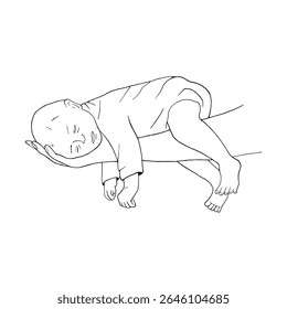 Newborn baby lying on arm. Small child with eyes closed lies on hand of father or mother. Black graphic illustration. Paternity concept or Motherhood. Vector infant for postcard, parenting's articles.
