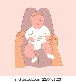 Newborn baby lying on his back on his mothers knee. Baby lies on mother's lap. Concept of family, motherhood, childcare. Happy mother's day card. Happy mom looking at her child. Point of view shot.