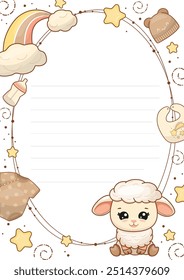 Newborn baby metrics with sheep and rainbow. Height, weight, date of birth, name. Perfect for children s bedroom, children s room decoration, posters