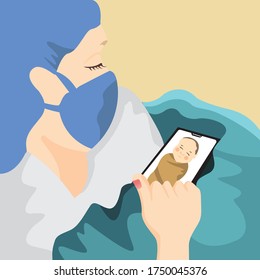 Newborn Baby And Mom. Mom see his newborn baby at the first time by mobile phones as impact of social distancing and to prevents infections of covid 19