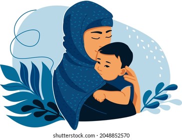 Newborn baby with the mother. Muslim families. Mothers Day postcard template. Horizontal vector banner isolated on white background.