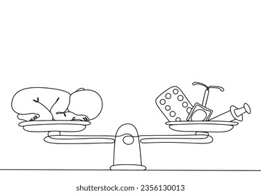 A newborn baby is on one side of the scale, and contraceptives are on the second. The choice between contraception and childbearing. World Contraception Day. One line drawing for different uses.