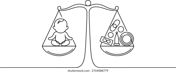 A newborn baby is on one side of the scale, and contraceptives are on the second. The choice between contraception and childbearing. one line art icon drawing vector
