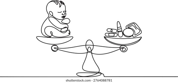 A newborn baby is on one side of the scale, and contraceptives are on the second. The choice between contraception and childbearing. one line art icon drawing vector
