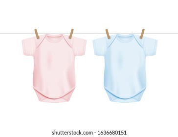 Newborn baby onesie shirts hanging on drying rope with wooden clothes pegs - realistic mockups isolated on white background. Infant clothing template - vector illustration