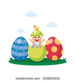 Newborn baby with painted eggs. Easter kids vector illustration, banner, postcard, poster, book illustration, flyer. 