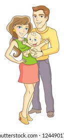 Newborn baby and parents. The birth of a child. Full-length portrait. Happy family.  Isolated vector iluustration.