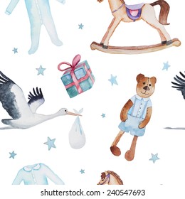 Newborn baby pattern. Watercolor hand drawn seamless texture with Teddy bear, gift box, stork with baby, rocking horse, bodysuit and stars. White vintage background