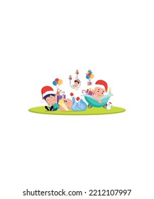 newborn Baby Playing with fly gifts and balloons, Baby sleeping over a moon wearing Santa hat, baby boy wearing Santa hat in a bathtub vector isolated on white background. 