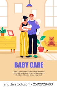 Newborn baby poster. Man and woman with baby on hands. Parenthood and childhood. Parents with toddler. Father and mother with infant. Booklet and flyer. Flat vector illustration