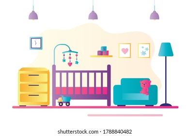 Newborn Baby Room Interior. Crib, Toys And Accessories. Children Bedroom. Background In Trendy Style, Without People. Flat Vector Illustration