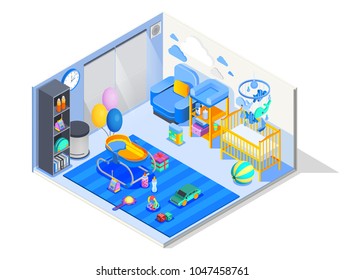 Newborn Baby Room Isometric Composition With Nursery Furniture Crib Bouncer Changing Table Play Mat Toys Vector Illustration 