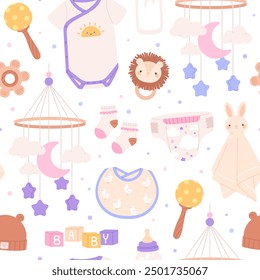 Newborn baby seamless pattern. Cute fabric print with babies tools, toys and clothes. Toddler bed mobil, hat cubes, racy vector background