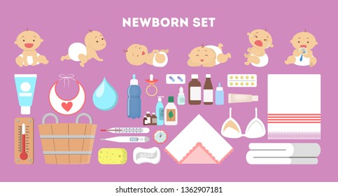 Newborn baby set. Collection of tool for child care. Bottle and toy, medicine. Crying and laughing baby. Vector flat illustration