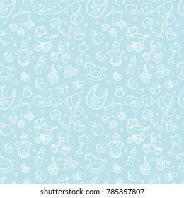Newborn Baby Shower Seamless Pattern For Textile, Print, Greeting Cards, Wrapping Paper, Wallpaper. For Boy Or Girl Birthday Celebration Party. Vector Illustration Design Line Scetch Stile