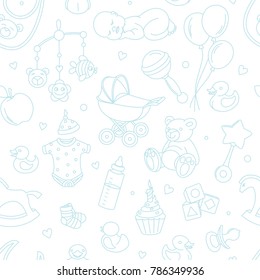 Newborn baby shower seamless pattern for textile, print, greeting cards, wrapping paper, wallpaper. For boy or girl birthday celebration party. Vector illustration design line scetch stile