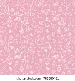 Newborn baby shower seamless pattern for textile, print, greeting cards, wrapping paper, wallpaper. For boy or girl birthday celebration party. Vector illustration design line scetch stile