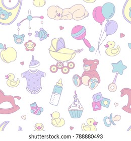 Newborn baby shower seamless pattern for textile, print, greeting cards, wrapping paper, wallpaper. For boy or girl birthday celebration party. Vector illustration design line scetch stile
