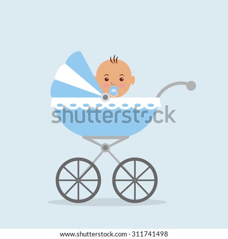 Newborn baby sitting in the baby carriage.